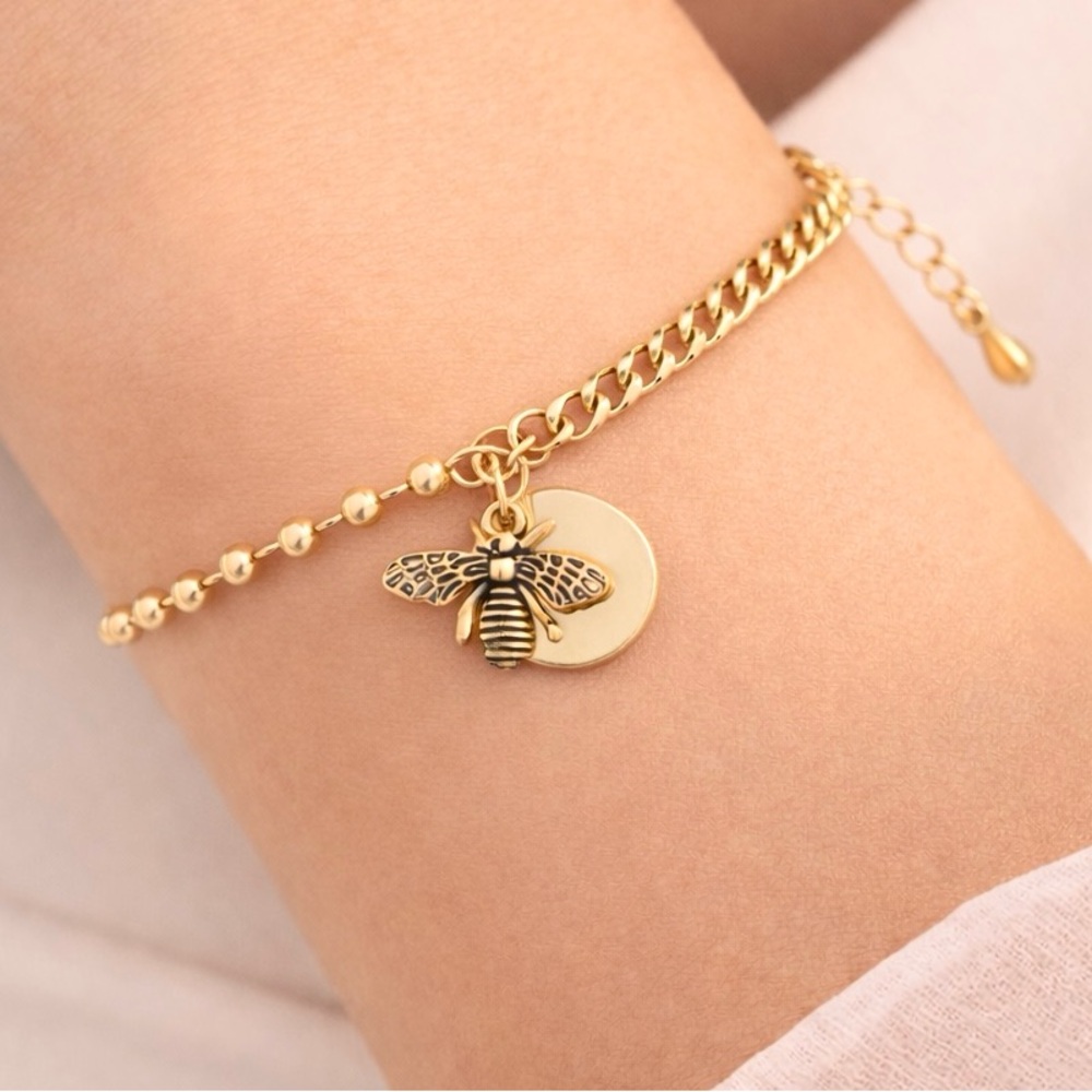 Bee Charm Bracelet 14k Gold Plated Half Bead Half Chain Bracelet